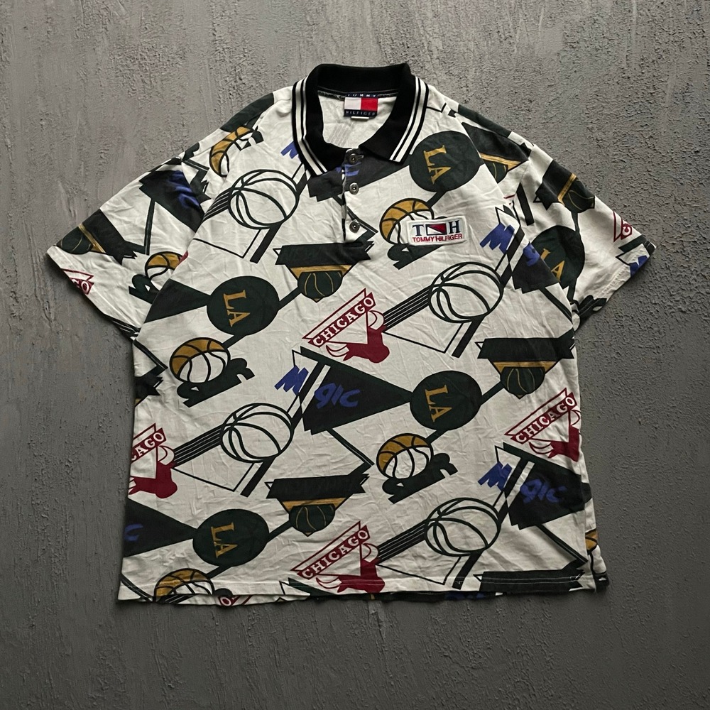 Vintage NBA Basketball all over Print Polo Shirt Men XXL White 90 Tommy Hilfiger